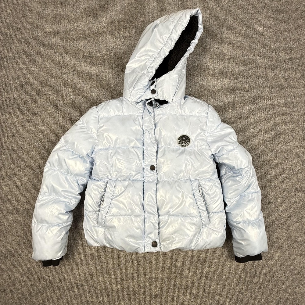 Justice Puffer Jacket Girls XS 5/6 Blue Hooded Sherpa‎ Lined Winter Coat Zip
